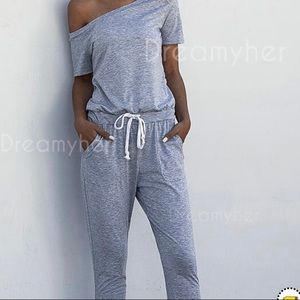 Gray, off-shoulder jumper